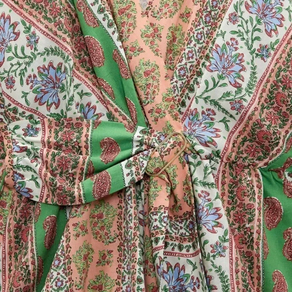 Zara Multicolor Printed Linen Blend Romper Size L Boho V-Neck Tie Front NWT